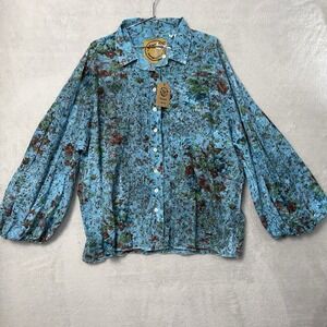A Rare Bird Oversized Turquoise Distressed Top One Size Puff Sleeve Eyelet NWT